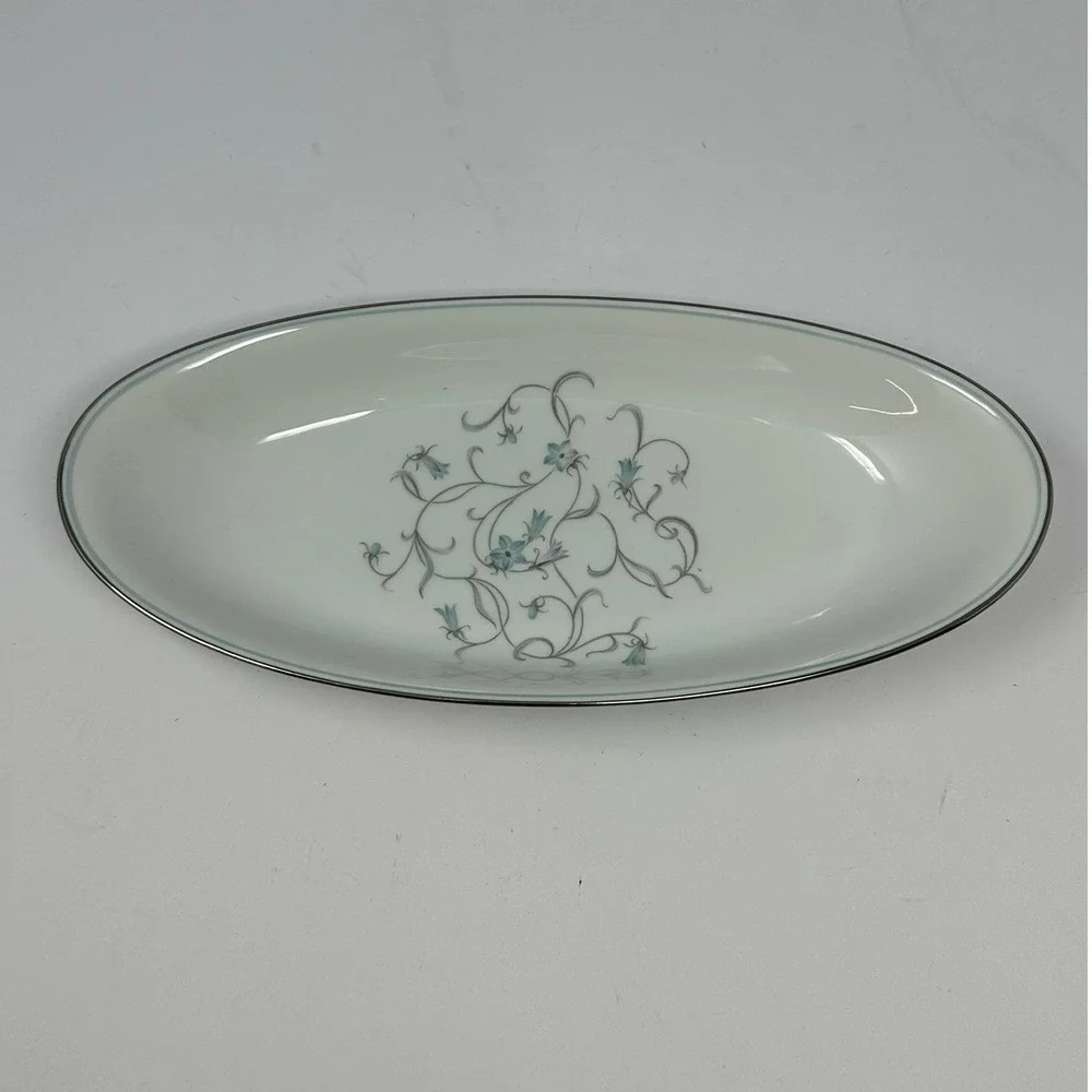 Noritake China Alicia Oval Celery Dish Serving Tray Blue Floral Platinum Trim A2
